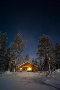 una cabaña de madera en la nieve por la noche en Lake Kesänki Cottage, en Äkäslompolo