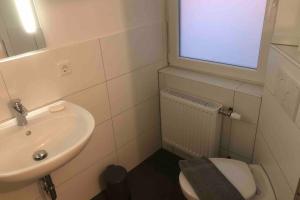a bathroom with a sink and a toilet and a window at Obergeschoss in Alzenau