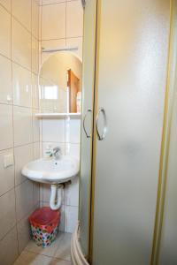 a bathroom with a sink and a shower with a mirror at Apartments Jeca in Zlatibor