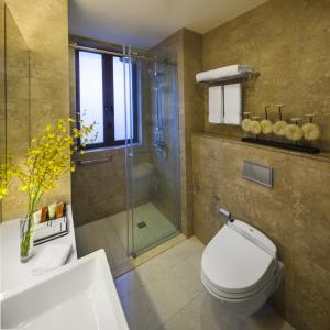 a bathroom with a shower and a toilet and a sink at Green Court Premier Jinqiao Shanghai in Shanghai