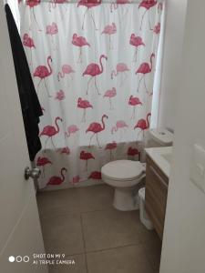 a bathroom with a pink flamingos shower curtain at Departamento Papudo in Papudo
