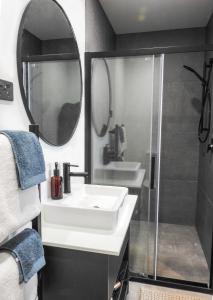 een badkamer met een wastafel, een douche en een spiegel bij The Loft Apartments in Westport