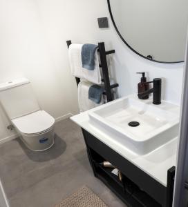 uma casa de banho com um lavatório, um WC e um espelho. em The Loft Apartments em Westport