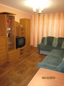 a living room with a couch and a tv at Комфортная 2-комнатная Новопречистенская 1, Три раздельных двуспальных места in Cherkasy
