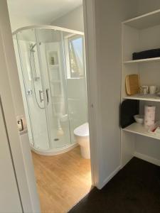 a bathroom with a shower and a toilet at Central Retreat and self contained with free wifi in Cromwell