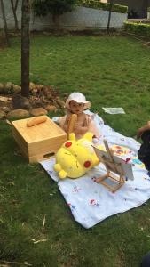 Nhà Nghỉ THẢO NGUYÊN XANH في بون ما توت: وجود طفل جالس على بطانيه في العشب