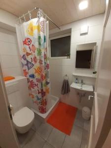 a bathroom with a toilet and a shower curtain at Zimmer Frei 2 in Wiesbaden