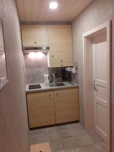 eine kleine Küche mit Holzschränken und einem Waschbecken in der Unterkunft Zimmer Frei 2 in Wiesbaden