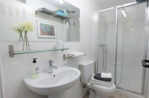 La salle de bains est pourvue de toilettes, d'un lavabo et d'une douche. dans l'établissement Apart BLANCO para ESQUÍ y ALHAMBRA. Garaje privado, à Grenade