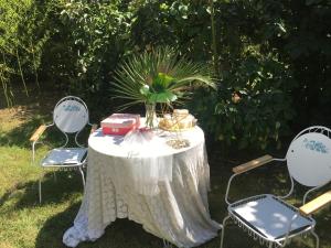 a white table with two chairs and a plant on it at Casa Bella & Nova in Palić