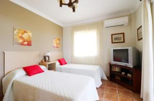 1 dormitorio con 2 camas y TV en Villa AndreaSol SpainSunRentals 1128, en Frigiliana