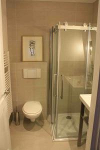 a bathroom with a toilet and a glass shower at Arnhem Studios in Arnhem