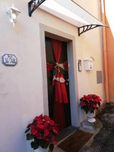 a red and white vase with flowers in front of a red door at La Villa 31 - Rosignano Marittimo - in Rosignano Marittimo