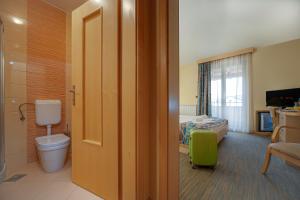 un bagno con servizi igienici e un letto con una valigia verde di Hotel Malovec a Divača (Divaccia)