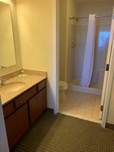 
a bathroom with a sink, toilet and shower at Host Inn an All Suites Hotel in Wilkes-Barre
