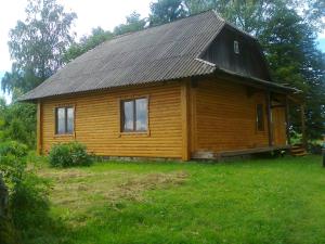 a small wooden cabin with a black roof at Полонянка in Bukovinka