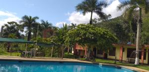 a swimming pool in front of a house with palm trees at Paraiso Inn in Satipo
