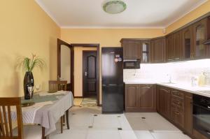 eine Küche mit Holzschränken und einem schwarzen Kühlschrank in der Unterkunft 1BR apartment in the old city center (Kyïv) in Kiew