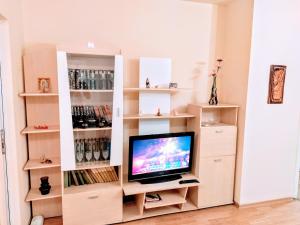 - un salon avec une télévision et une étagère dans l'établissement Sweet Maria Blagoevgrad, à Blagoevgrad