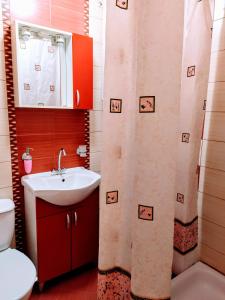 Un baño con lavabo, inodoro y espejo. en Sweet Maria Blagoevgrad, en Blagoevgrad