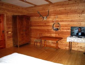 a room with a bed and a desk with a tv at Полонянка in Bukovinka