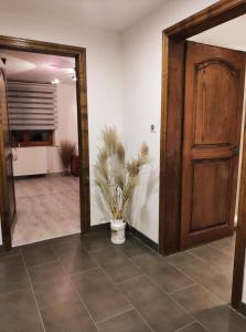 a hallway with a door and a potted plant at Chambre d’hotes chez Sylviane in Niederhergheim