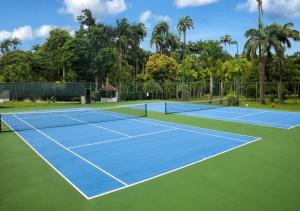a blue tennis court with palm trees in the background at Royal Glitter Bay Villas in Saint James