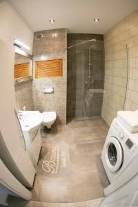 a bathroom with a sink and a washing machine at Apartamenty Lawendowy Zakątek 1 in Opole