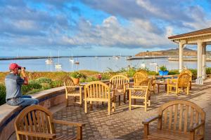 a man sitting on a wall taking a picture of the water at Beach House Half Moon Bay in Half Moon Bay