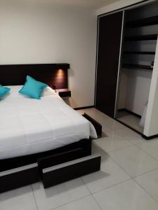 een slaapkamer met een groot bed met blauwe kussens bij Miralejos 7 Turquesa in Villa Carlos Paz