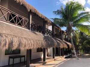 a building with a straw roof and a palm tree at Apartamento Akamay 3 in El Cuyo