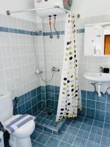 a bathroom with a shower and a toilet and a sink at New Times Home&Suites in Athens