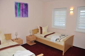 a bedroom with two beds and two windows at Hotel Pension Schwerin-Haus Schreiber in Schwerin