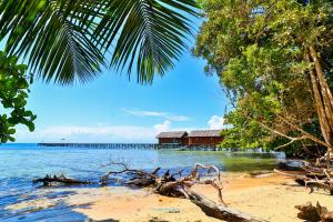 a beach with a house in the middle of the water at Hamueco Dive Resort Raja Ampat in Rabia