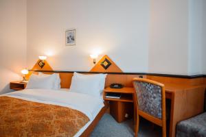 Habitación de hotel con cama y escritorio en Kazakhstan Express en Almaty
