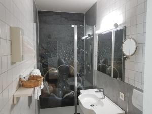 a bathroom with a shower and a sink and a mirror at Hotel Gasthof Traubenbräu in Krumbach