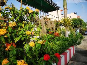 a display of flowers in front of a building at Sab Suwarn Mansion in Suphan Buri