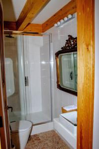 a bathroom with a shower and a toilet and a tv at Casa Gil Vicente in Almada