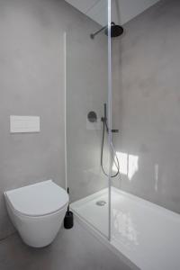 a white bathroom with a toilet and a shower at Liiiving in Porto - Luxury Beachfront Apartments in Porto