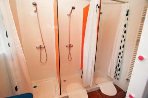 a shower with a glass door in a bathroom at Albergue de La Estación del Río Lobos in Hontoria del Pinar +5 photos