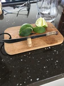 a cutting board with a knife and lime slices on it at Marina Sun in Le Marin