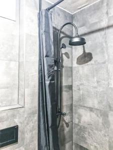 eine Dusche mit Duschvorhang im Bad in der Unterkunft Ferienhaus Chalet-Ettal in Ettal