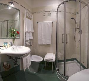 a bathroom with a shower and a sink and a toilet at Taverna San Lio in Venice