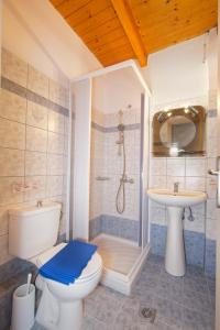 a bathroom with a shower and a toilet and a sink at Theodora Studios & Apartments in Skala