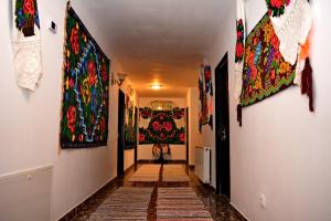 a hallway with colorful paintings on the walls at Pensiunea Vraja in Giuleşti