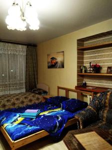 ルイビンスクにあるApartment on Gertsena 97のベッドルーム1室(青い毛布付きのベッド1台付)