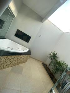 a bathroom with a toilet and a sink and a plant at Rossi Hotel in Comodoro