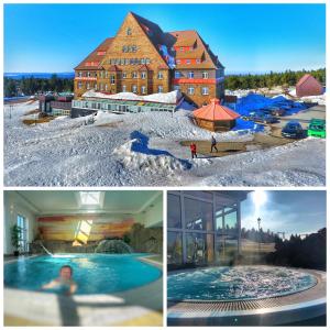a collage of pictures of a building and a swimming pool at Hotel Sachsenbaude Oberwiesenthal in Kurort Oberwiesenthal