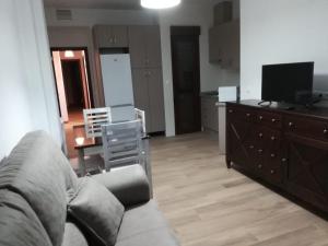 een woonkamer met een bank, een tafel en een televisie bij Apartamentos Buena Vista Bajo 1 in Coto Rios