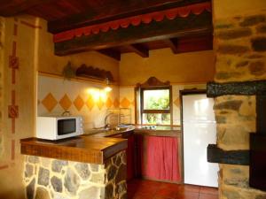 a kitchen with a counter with a microwave and a refrigerator at Jardines del Robledo-Albar in San Miguel del Robledo